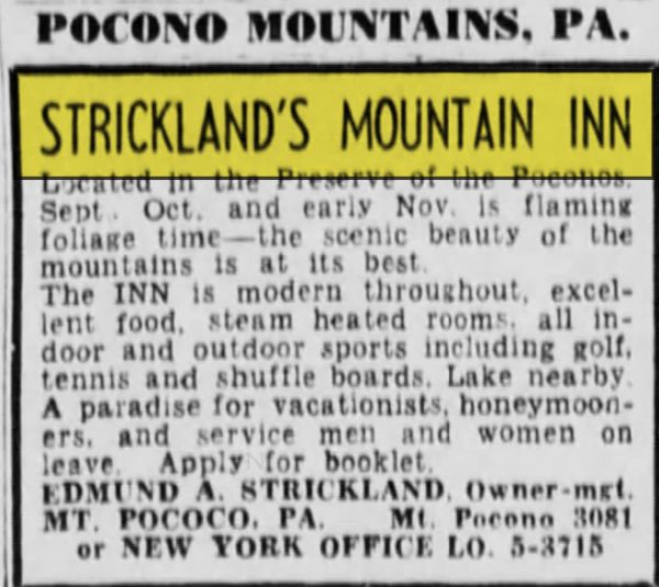 Stricklands Mountain Inn and Cottages - Aug 1945 Ad (newer photo)